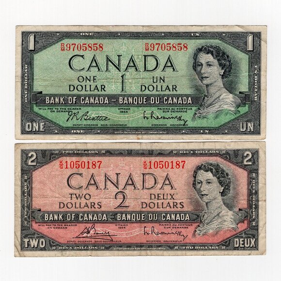 1954 Canada One 1 and Two 2 Dollar Banknote Bills Queen Elizabeth II - Picture 1 of 2